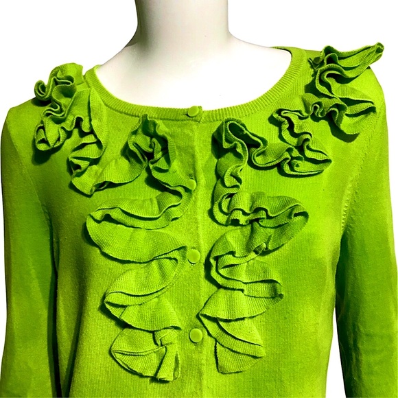 Lime Green Button Down Cardigan with Exaggerated Ruffles - Picture 4 of 5
